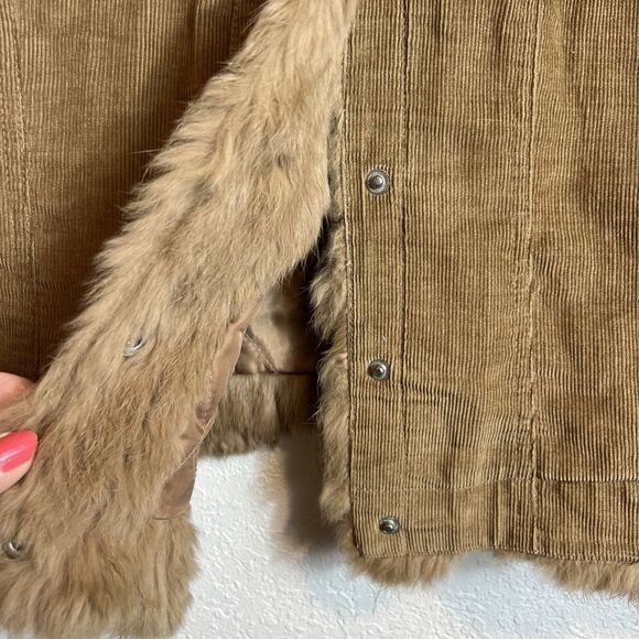 Gemini Women's M Genuine Rabbit Fur Lined Brown Corduroy Snap Front Jacket 😎 - Picture 4 of 14